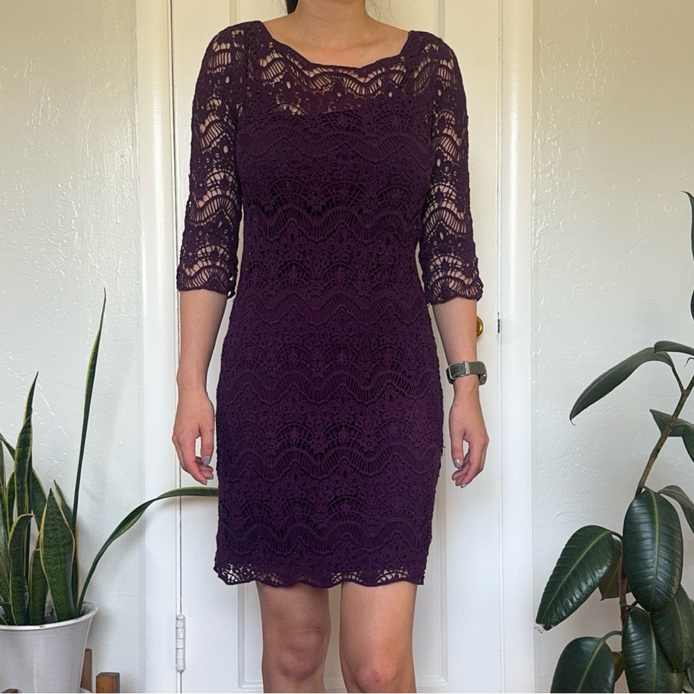 Lauren Ralph Lauren Purple Lace Cotton 3/4 sleeve Dress